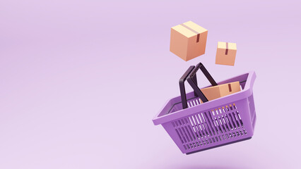 Concept of shopping cart and goods - 3D render. Online shopping, purchasing goods through a basket, quick orders. Background for advertising stores, marketing, service.