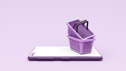 Concept of shopping cart and goods - 3D render. Online shopping, purchasing goods through a basket, quick orders. Background for advertising stores, marketing, service.