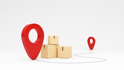 Delivery concept, parcel, mail, online order. Packaging with red geotag. Transportation and logistic. Sealed cardboard box for delivery of orders,goods, items around the world on scototer- 3d render.