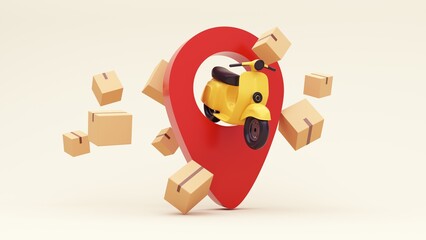 3d render of the concept of fast delivery of parcels around the world by car, plane, scooter. Online shopping. Urgent delivery and logistics. Cargo transportation. Shopping without leaving home.
