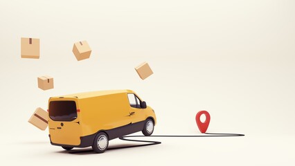 3d render of the concept of fast delivery of parcels around the world by car, plane, scooter. Online shopping. Urgent delivery and logistics. Cargo transportation. Shopping without leaving home.