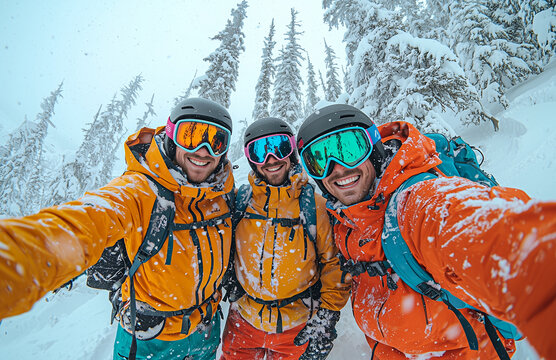Three smiling friends taking selfie while skiing together in snowy forest wearing colorful jackets goggles and helmets