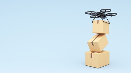 Delivery technologies of the future. 3d render of the concept of fast delivery of parcels using a flying drone. Online shopping. Urgent delivery and logistics. Shopping without leaving home.