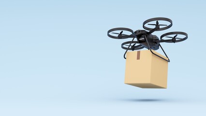 Delivery technologies of the future. 3d render of the concept of fast delivery of parcels using a flying drone. Online shopping. Urgent delivery and logistics. Shopping without leaving home.