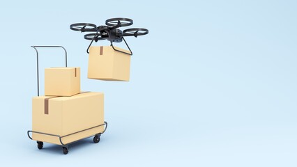 Delivery technologies of the future. 3d render of the concept of fast delivery of parcels using a flying drone. Online shopping. Urgent delivery and logistics. Shopping without leaving home.