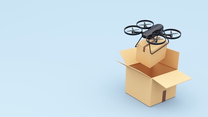 Delivery technologies of the future. 3d render of the concept of fast delivery of parcels using a flying drone. Online shopping. Urgent delivery and logistics. Shopping without leaving home.