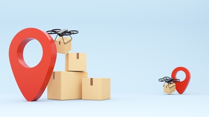 Delivery technologies of the future. 3d render of the concept of fast delivery of parcels using a flying drone. Online shopping. Urgent delivery and logistics. Shopping without leaving home.