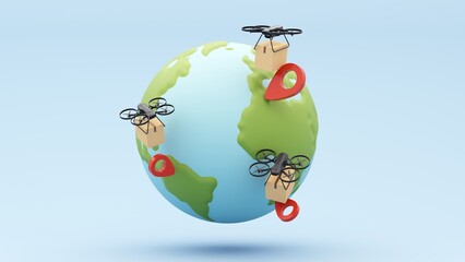 Delivery technologies of the future. 3d render of the concept of fast delivery of parcels using a flying drone. Online shopping. Urgent delivery and logistics. Shopping without leaving home.