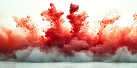 Vibrant explosion of red ink dispersing in fluid creating dramatic evolving cloudlike shapes on crisp white background