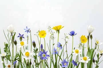 Vibrant and Colorful Spring Flowers Including Daffodils, Tulips, and Hyacinths on White Background