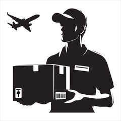 Courier Delivering Carrying Box Silhouette on isolated white background