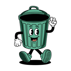 Fun retro character of a green smiling trash can with arms and legs walking happily down a street
