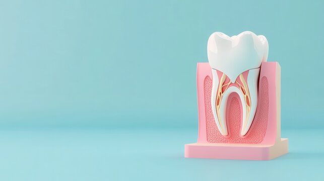 Tooth Anatomy: A detailed, informative visual of a tooth's intricate internal structure, showcasing its anatomy against a soft, inviting blue backdrop, perfect for educational or medical applications.