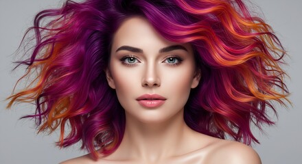 Fototapeta premium Portrait of a Beautiful Woman with Vibrant Pink and Orange Hair, Fashionable Hairstyle, Makeup and Skin Care