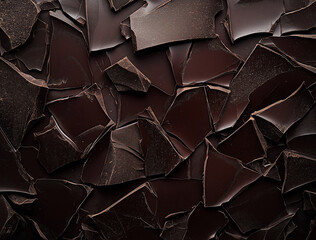 High-resolution close-up image depicting a dense collection of irregularly shaped dark chocolate chunks. The image showcases a full-frame view of the chocolate pieces, emphasizing their texture and