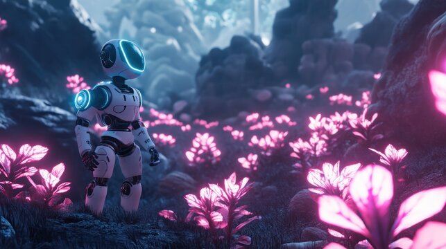 A futuristic robot stands among glowing pink alien plants