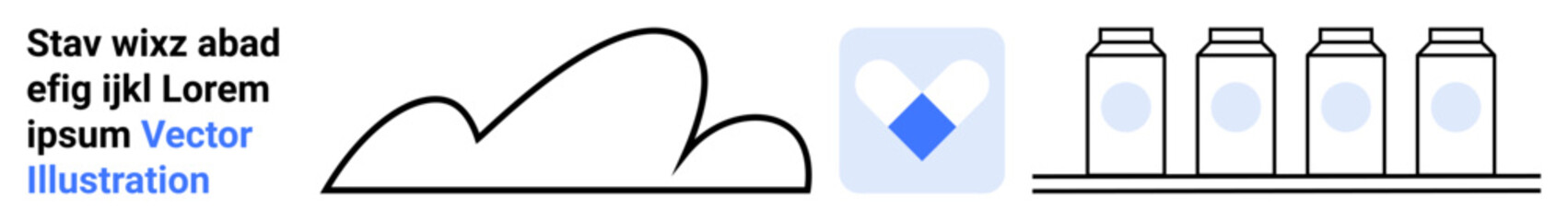 Cloud outline, app logo featuring a simple heart, and four milk bottles on a shelf. Ideal for technology, health, minimalism, dairy products, storage organization, app design simple landing page