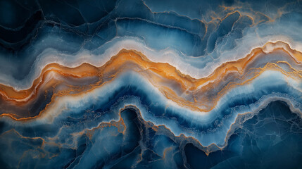 High-resolution close-up image depicting an abstract pattern featuring swirling lines and shapes. Predominantly blue hues are accented with streaks and bands of orange and white. The texture mimics