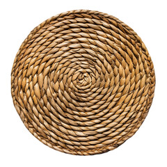Close up of a circular woven mat with a spiral pattern in light brown