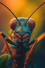 Extreme close-up macro photograph of an insect's head and upper body. The image is sharply focused on the insect's face, showcasing intricate details of its eyes, mandibles, and body texture.  The
