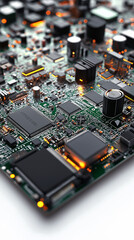 High-angle, close-up macro photograph of a circuit board.  The image reveals intricate details of various integrated circuits, capacitors, resistors, and other electronic components arranged on a
