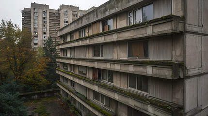 Obraz premium Moss growing on abandoned brutalist building facade