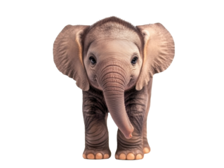 Baby elephant standing with playful demeanor in natural habitat, cut out