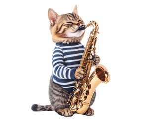 Cat playing saxophone in a cozy sweater for fun music moments, cut out