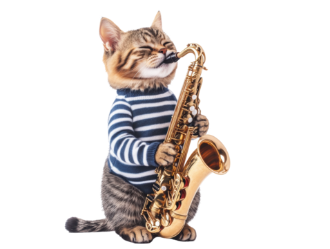 Cat playing saxophone in a cozy sweater for fun music moments, cut out