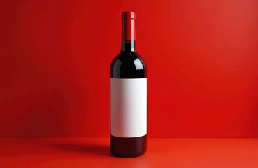 Wine bottle with blank label stands on red background. Red wine bottle branding template design. Ideal for mockup, presentation. Concept of alcohol beverage, celebration. Red drink ready for sale,