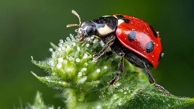 macro image of ladybug crawling on wild plant, showcasing its vibrant red shell and distinctive black spots.