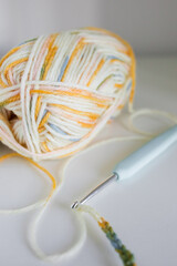 Colorful yarn ball with crochet hook on white background