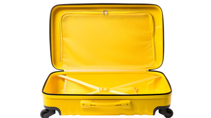 Open yellow suitcase with straps and wheels ready for travel packing