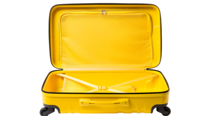 Open yellow suitcase with straps and wheels ready for travel packing