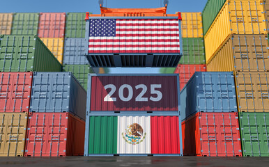 Trading 2025. Cargo Container with Mexico and USA flag. 3D Rendering