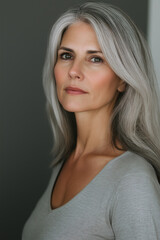 Close-up portrait of a woman with long, flowing silver hair. The image is tightly cropped, focusing on her face, neck, and shoulders.  The lighting is soft and diffused, minimizing harsh shadows. The