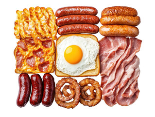 Brunch spread with eggs, bacon, sausages, and pastries, cut out