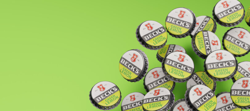 Guilherand-Granges, France - April 02, 2025. Beck's Green Lemon: Refreshing beer mix with lemon flavor. 3d render.
