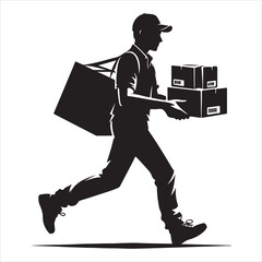 Courier Delivering Carrying Box Silhouette on isolated white background