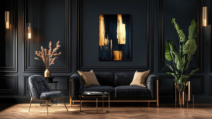 Luxurious black living room with gold accents and abstract art
