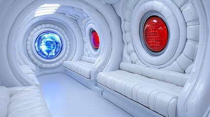 Futuristic White Interior with Glowing Red and Blue Panels
