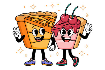 Retro cartoon characters of pie and dessert sharing joyful moment with peace signs in vibrant setting