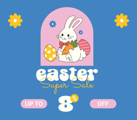 Happy Easter sale 8% off. Eight Percent OFF Super Sale. Happy Easter Vector with Bunny