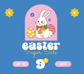 Happy Easter sale 9% off. Nine Percent OFF Super Sale. Happy Easter Vector with Bunny