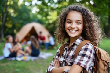 Young girl scout smiling with arms crossed at summer camp