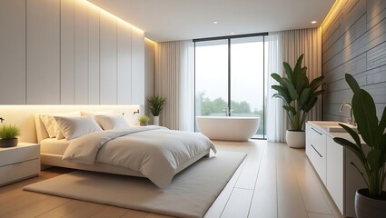 Modern minimalist bedroom with open layout to bathroom, white bed, warm light strip, glass partition, freestanding bathtub, stone wall, wooden floor, and greenery accents.