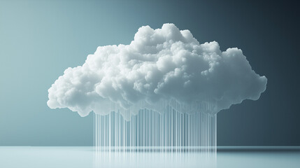 The image presents a stylized 3D rendering of a fluffy white cumulus cloud against a muted teal-gray background.  From the cloud's base, numerous thin, vertical lines descend, resembling a stylized