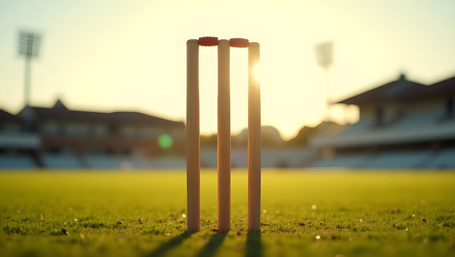 Close-Up of Cricket Wicket on Lush Green Ground &ndash; Stumps and Bails Ready for Match &ndash; Sports and Game Concept