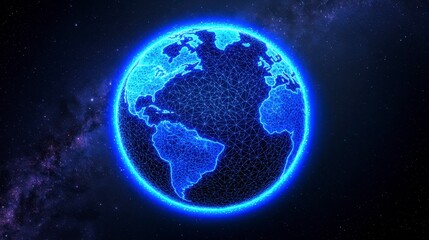 Fototapeta premium Glowing Blue Digital Earth in Dark Space with Stars