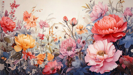 Colorful Floral Painting with Blooming Flowers and Leaves